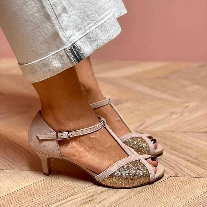 SANDALO CON GLITTER E TACCO BASSO