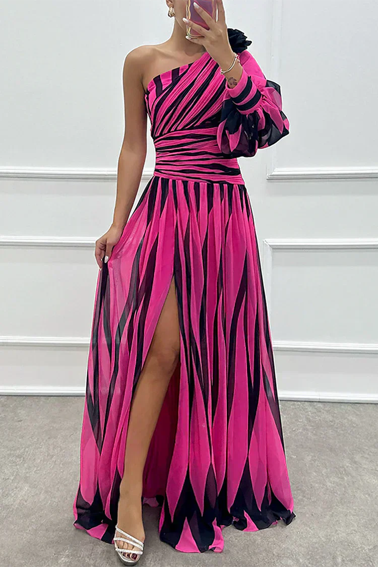 Hazel™ | Elegante Abito Maxi a Strisce con Spalla Scoperta