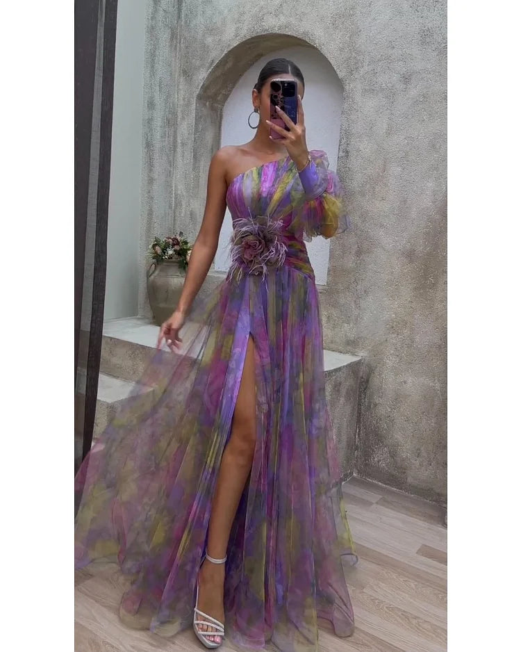Orit™ | Asymmetric one-sleeve slit dress